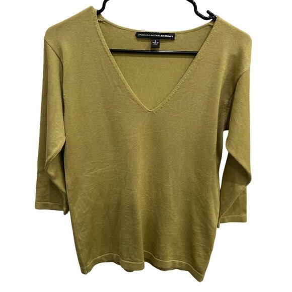 Linda Allard Ellen Tracy V Neck Knit Top Olive Green Silk Blend Sz Small - Picture 1 of 9